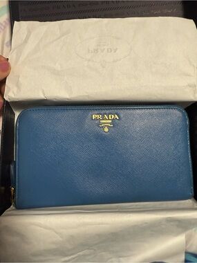Prada Sky Blue Saffiano Leather Zip Wallet with Gold Logo